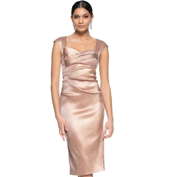 New Theia Cap-Sleeve Stretch Lamé Metallic Dusty Rose Cocktail Midi Dress NWT  2 - Picture 3 of 15